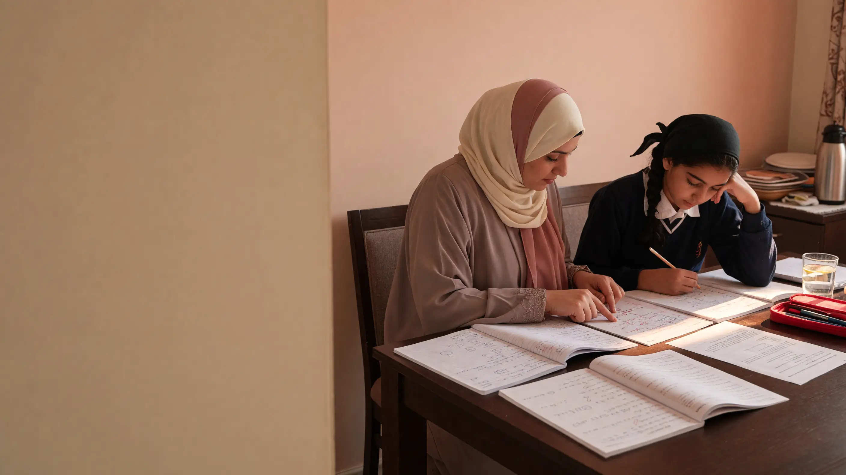 A private tutor and a student working through a notebook together at a dining table