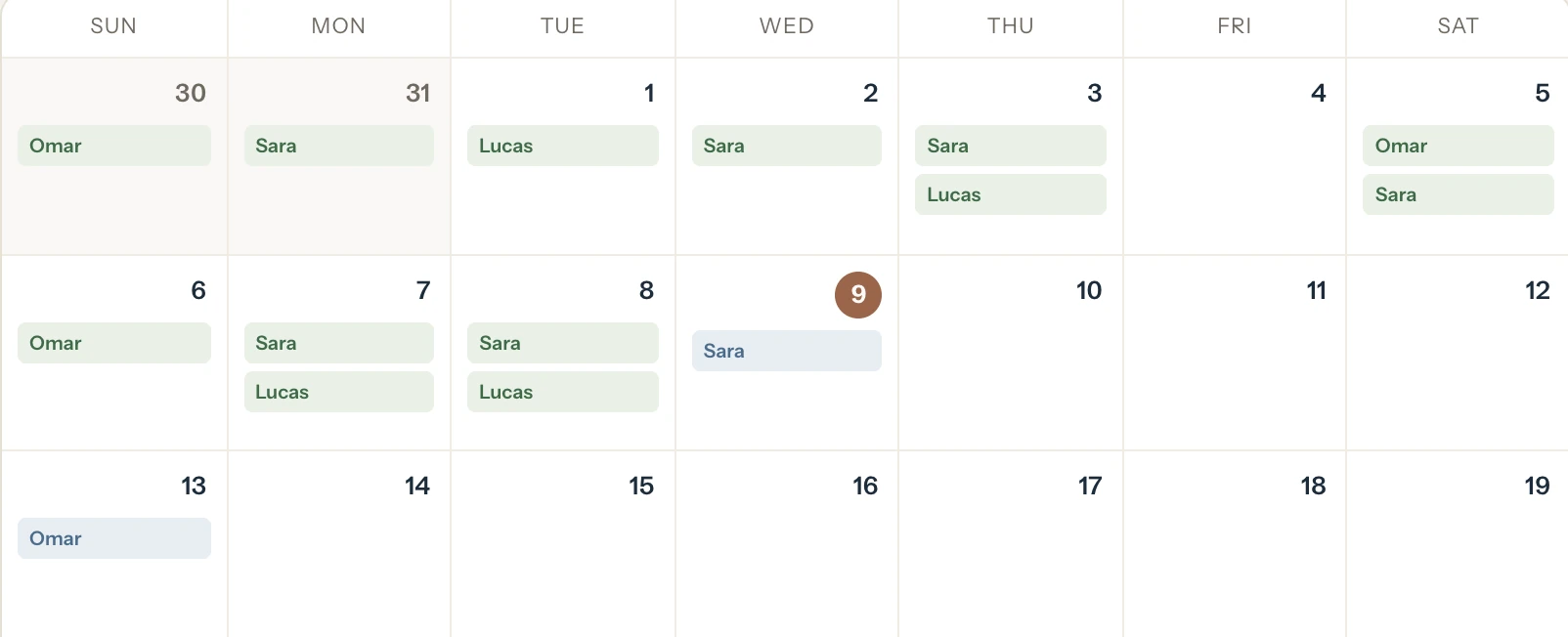 Three weeks of the tutor calendar in month view, each lesson labelled with its student and coloured by status, today highlighted