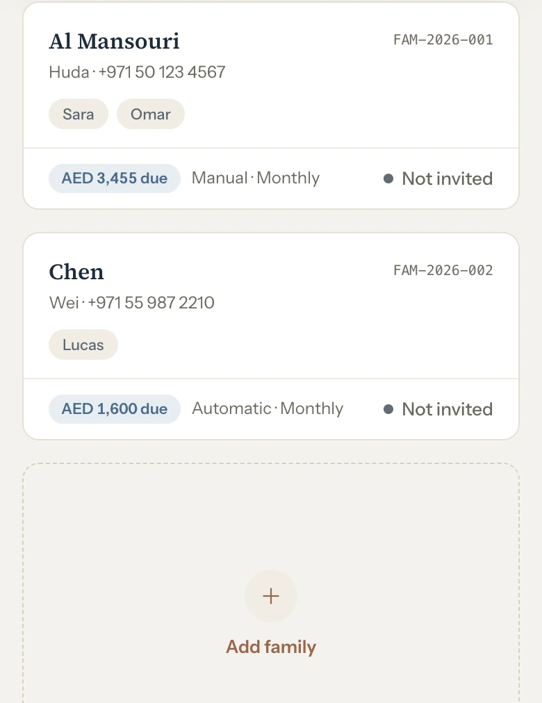 The families list: a family card with its students, balance, invoicing cadence and portal status