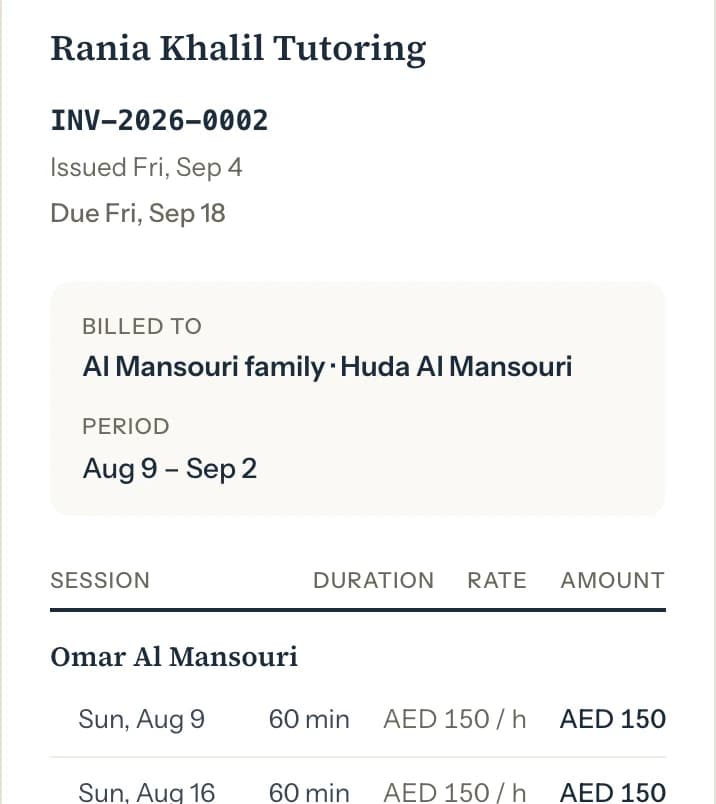 A family's invoice: business name, invoice number, issue and due dates, and lessons grouped by student