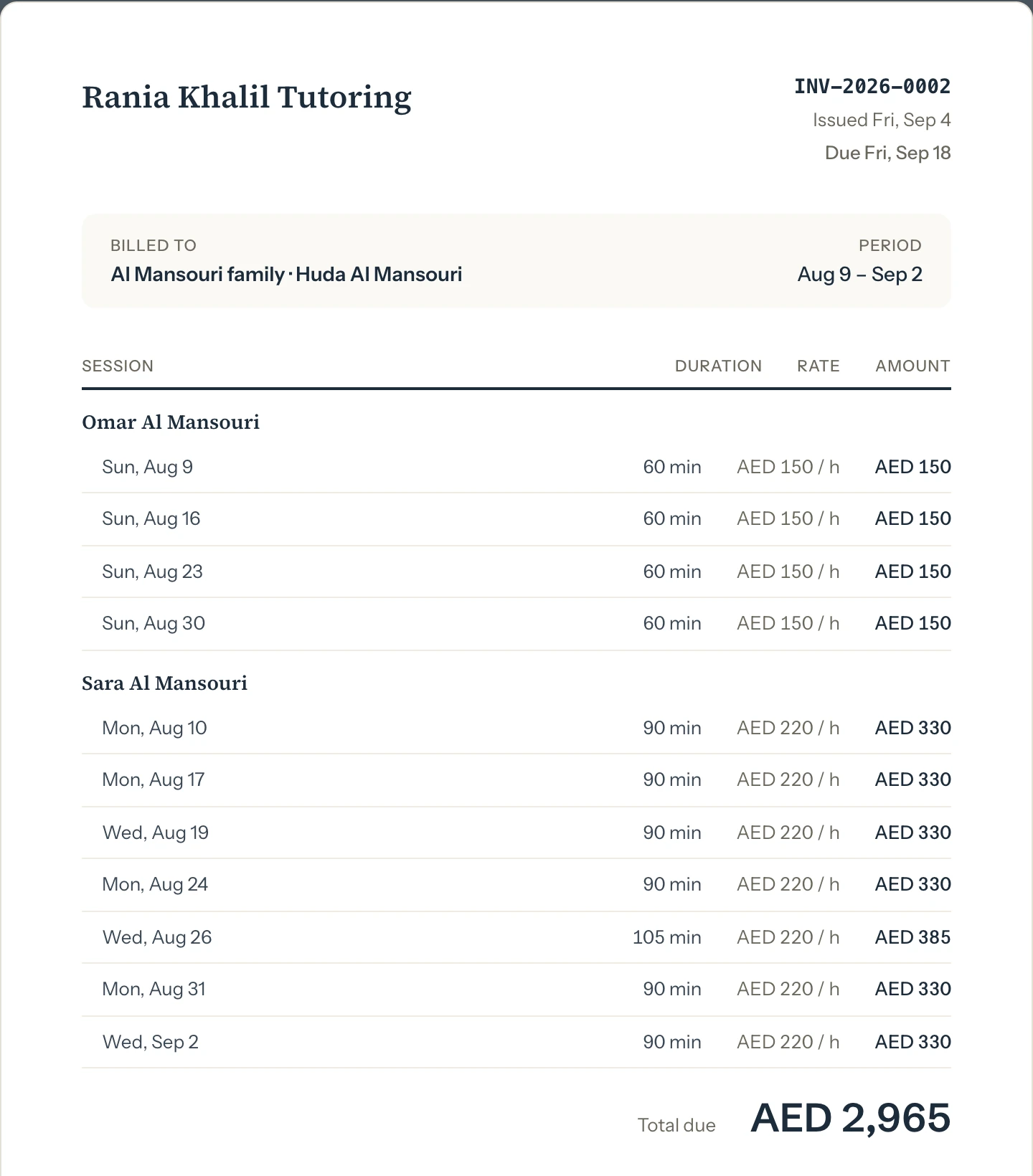 A family's invoice: business name, invoice number, issue and due dates, and lessons grouped by student