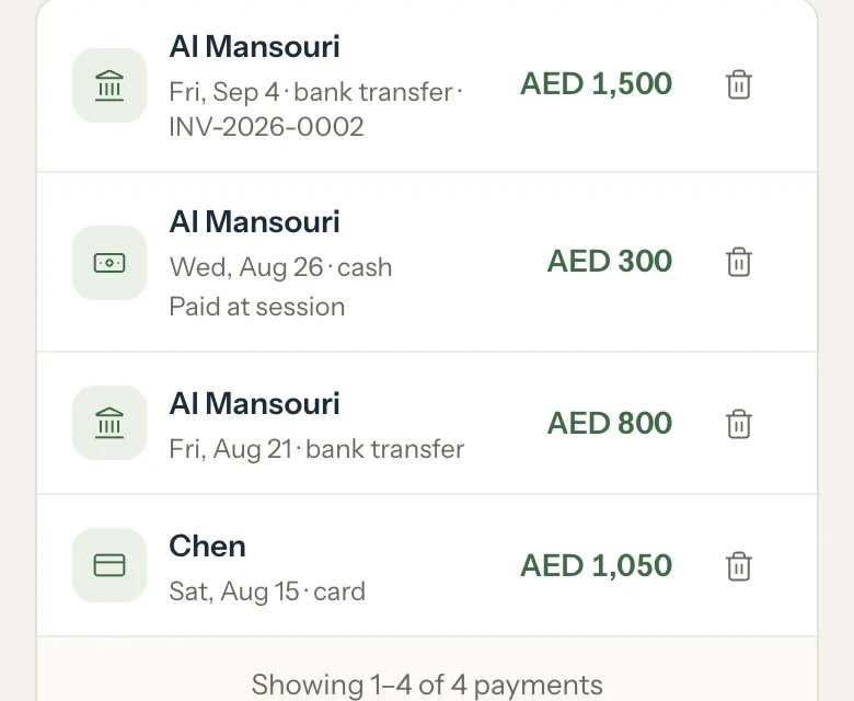 The payments list: four rows of bank transfer, cash and card payments with their dates and amounts