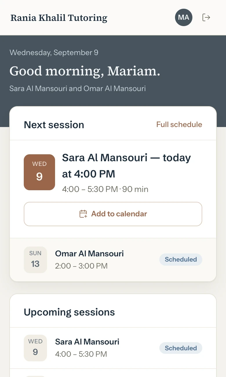 The parent portal on a phone: the tutor's business name, a greeting and the next lesson with an Add to calendar button