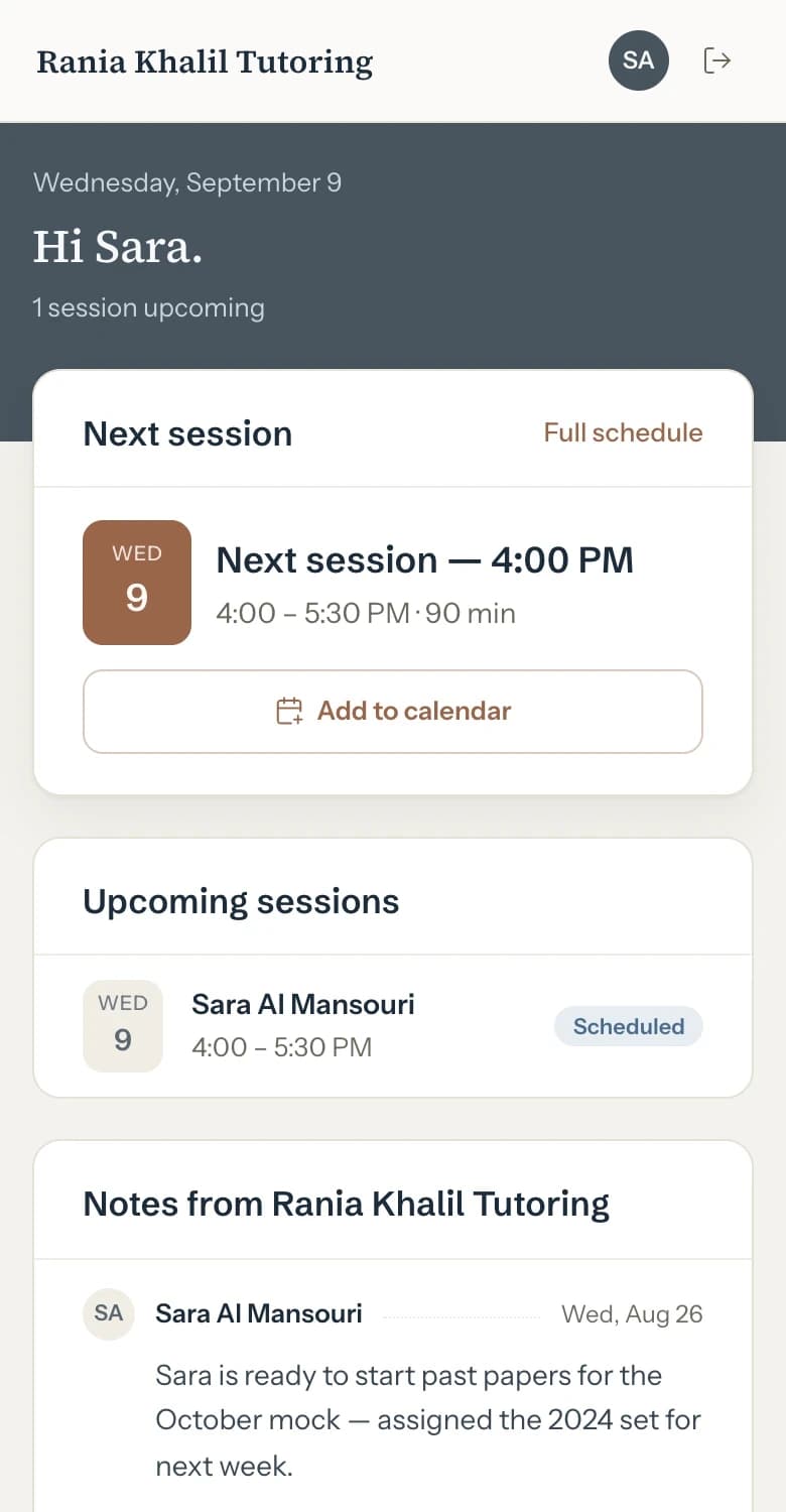 The student portal on a phone: next lesson, upcoming lessons and a shared note, with no amounts anywhere