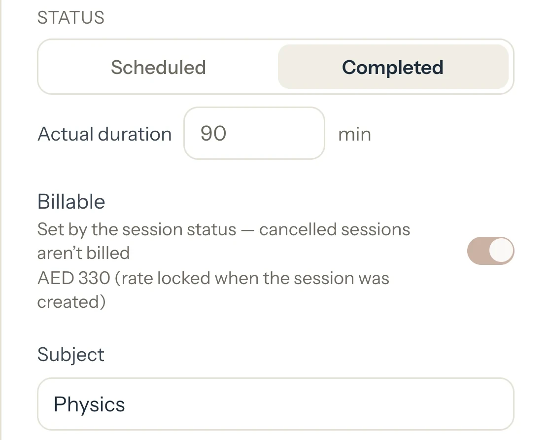 A lesson marked Completed, with its actual duration and the Billable switch