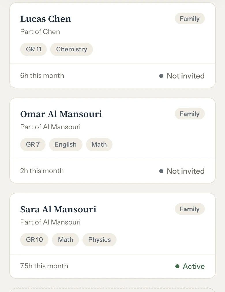 The students list: a student's grade, subjects, hours logged this month and portal status