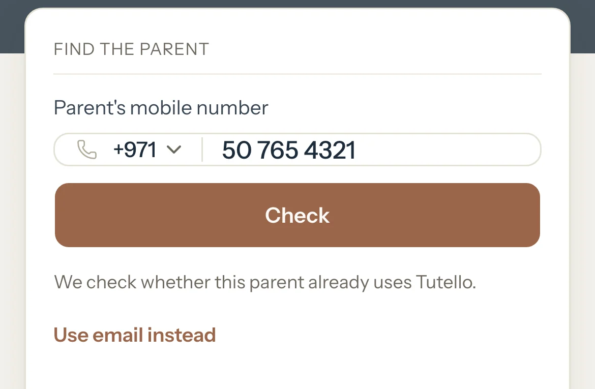 Adding a family: a parent's mobile number typed in, the Check button and Use email instead.