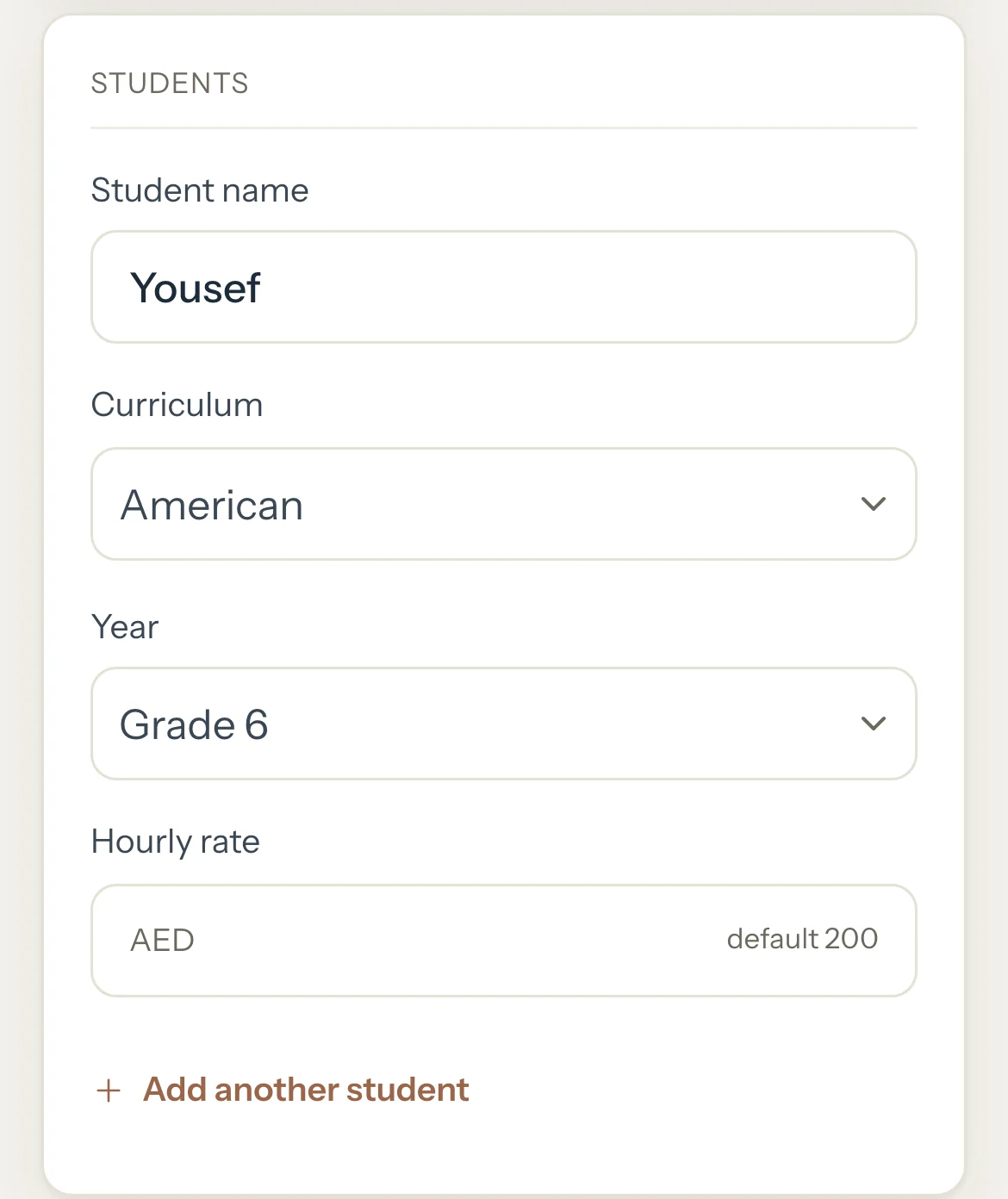 The family form's Students part with Yousef, American curriculum, Grade 6, his hourly rate left empty, and Add another student.