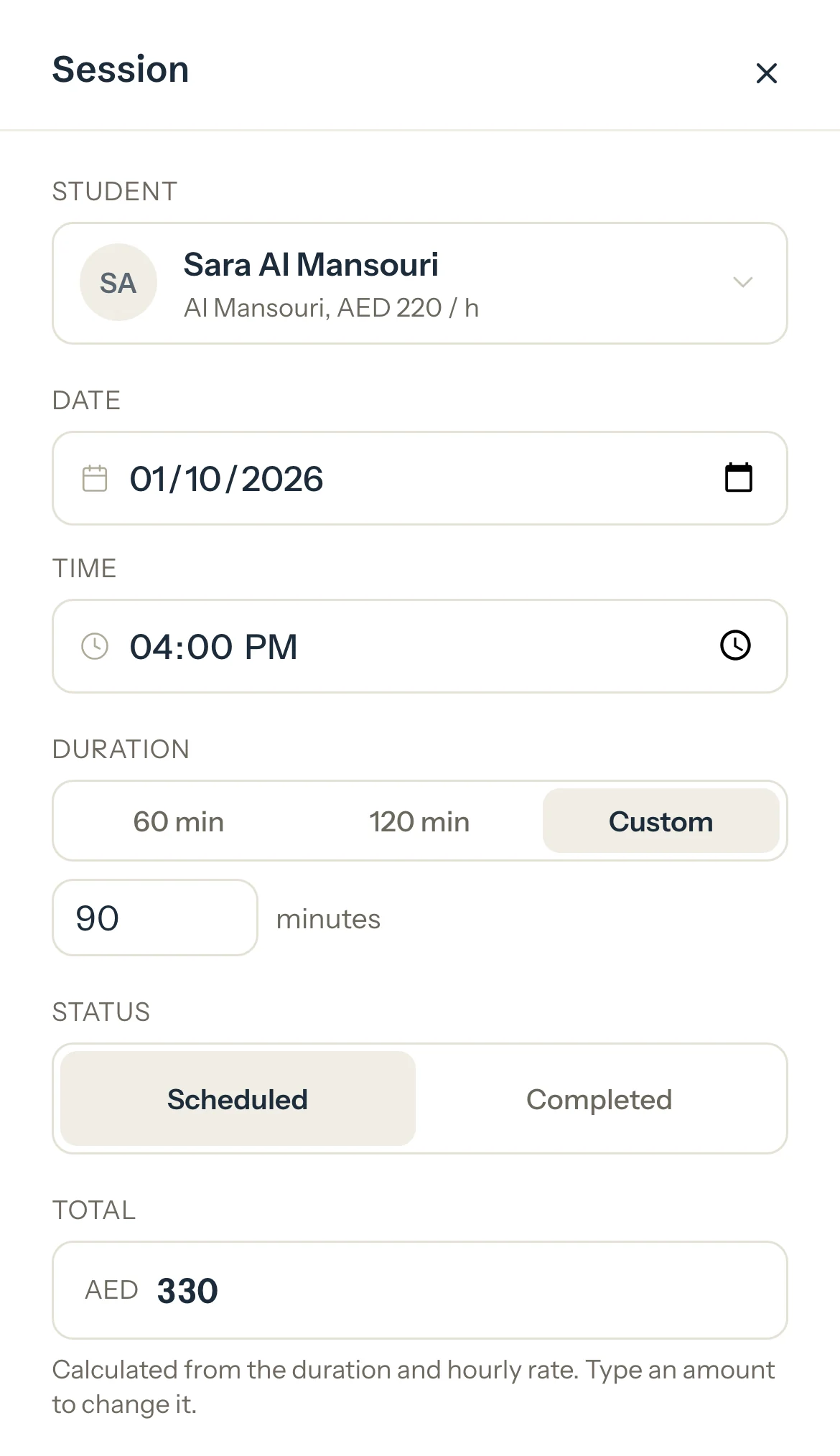 A new session for Sara on 1 October at 4:00 PM for 90 minutes, its total AED 330 at her rate.