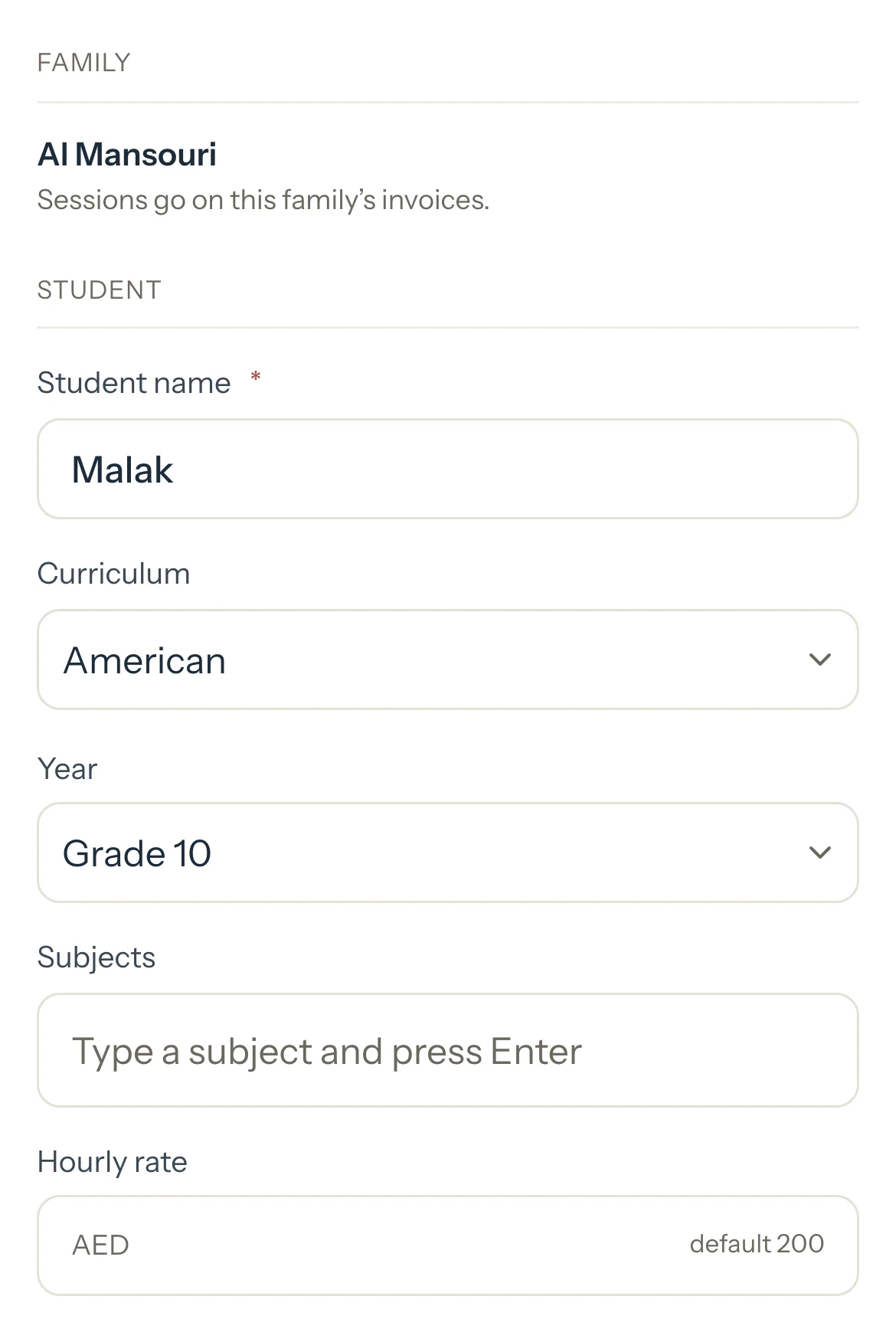 The Add a student sheet for the Al Mansouri family, with a name typed, the American curriculum and Grade 10 chosen.