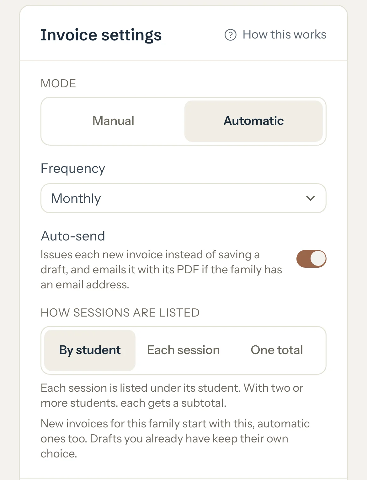Invoice settings for the Chen family: Automatic, Monthly, with Auto-send switched on.