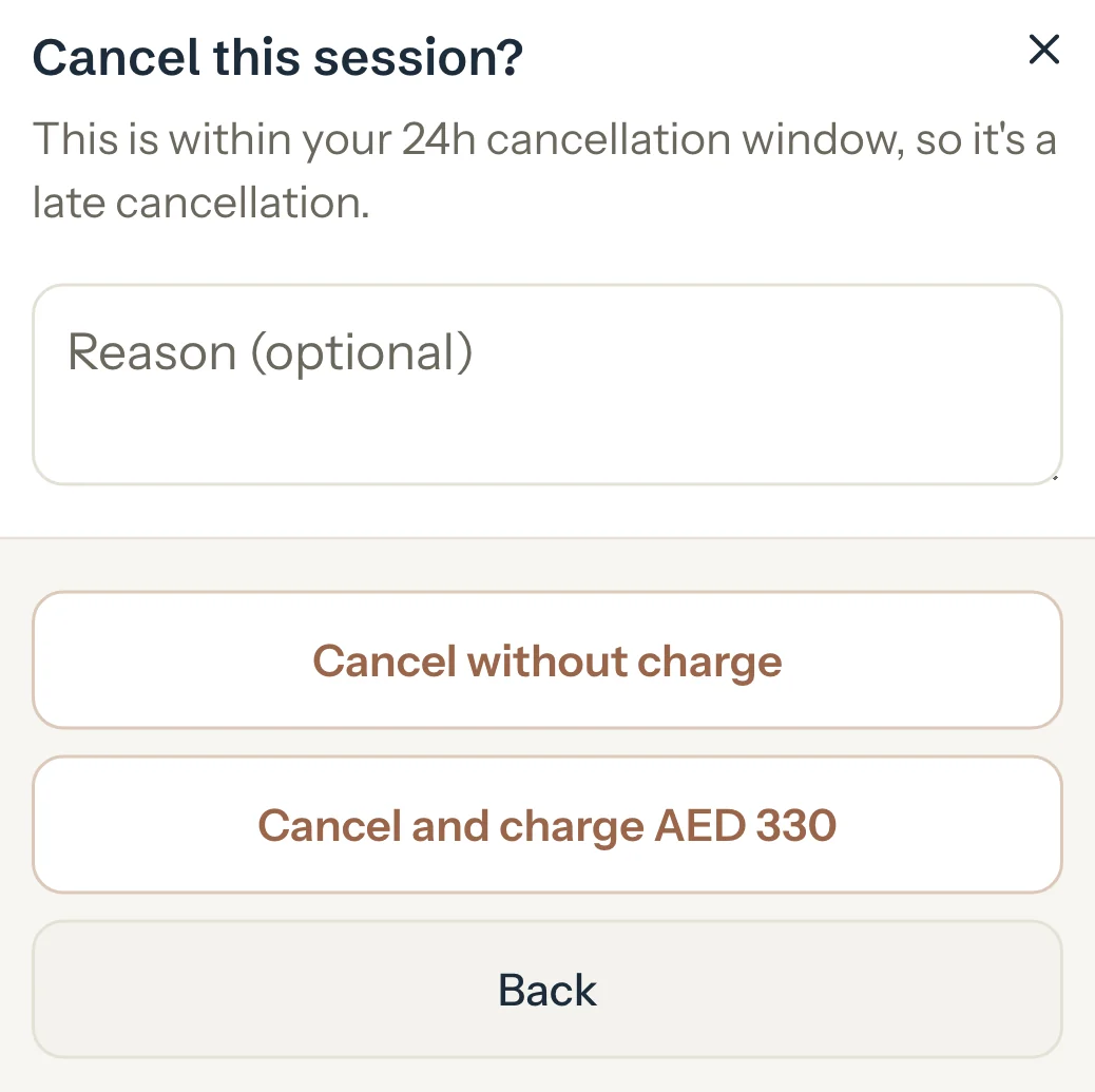 Cancel this session? for Sara's 4:00 PM session: a late cancellation, with Cancel without charge and Cancel and charge AED 330.