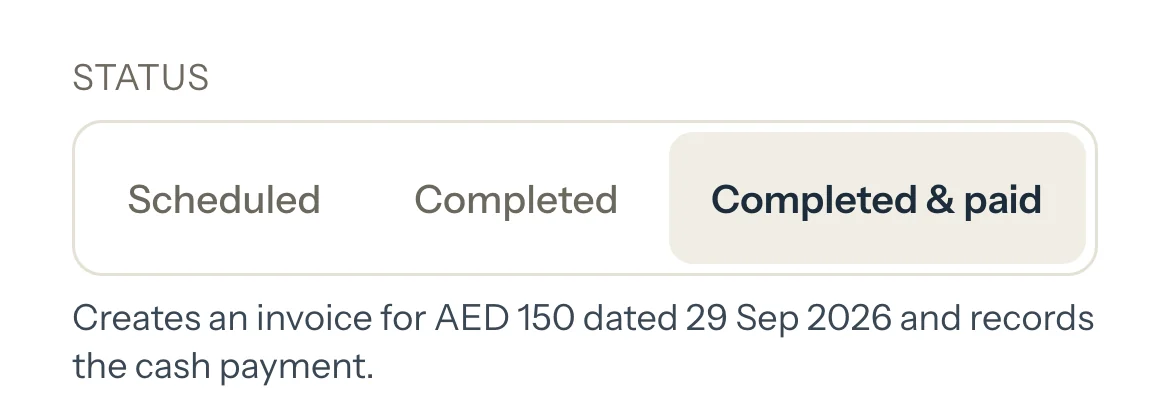 Omar's session with Completed & paid chosen and the line saying it creates an invoice for AED 150 and records the cash payment.
