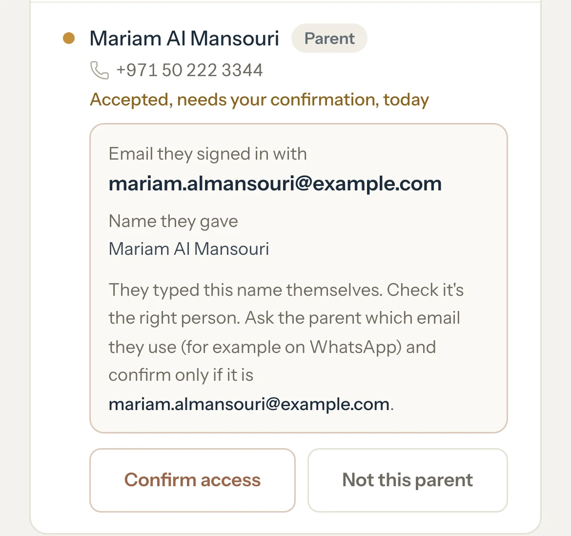 A Portal access row reading Accepted, needs your confirmation, with the email and name given, Confirm access and Not this parent.