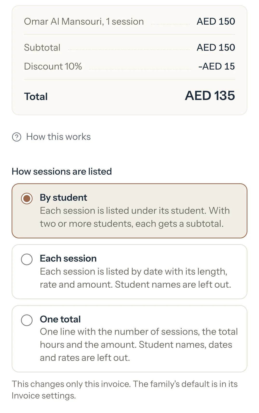 Review invoice for the Al Mansouri family: one session, 10% off, a total of AED 135, and How sessions are listed.