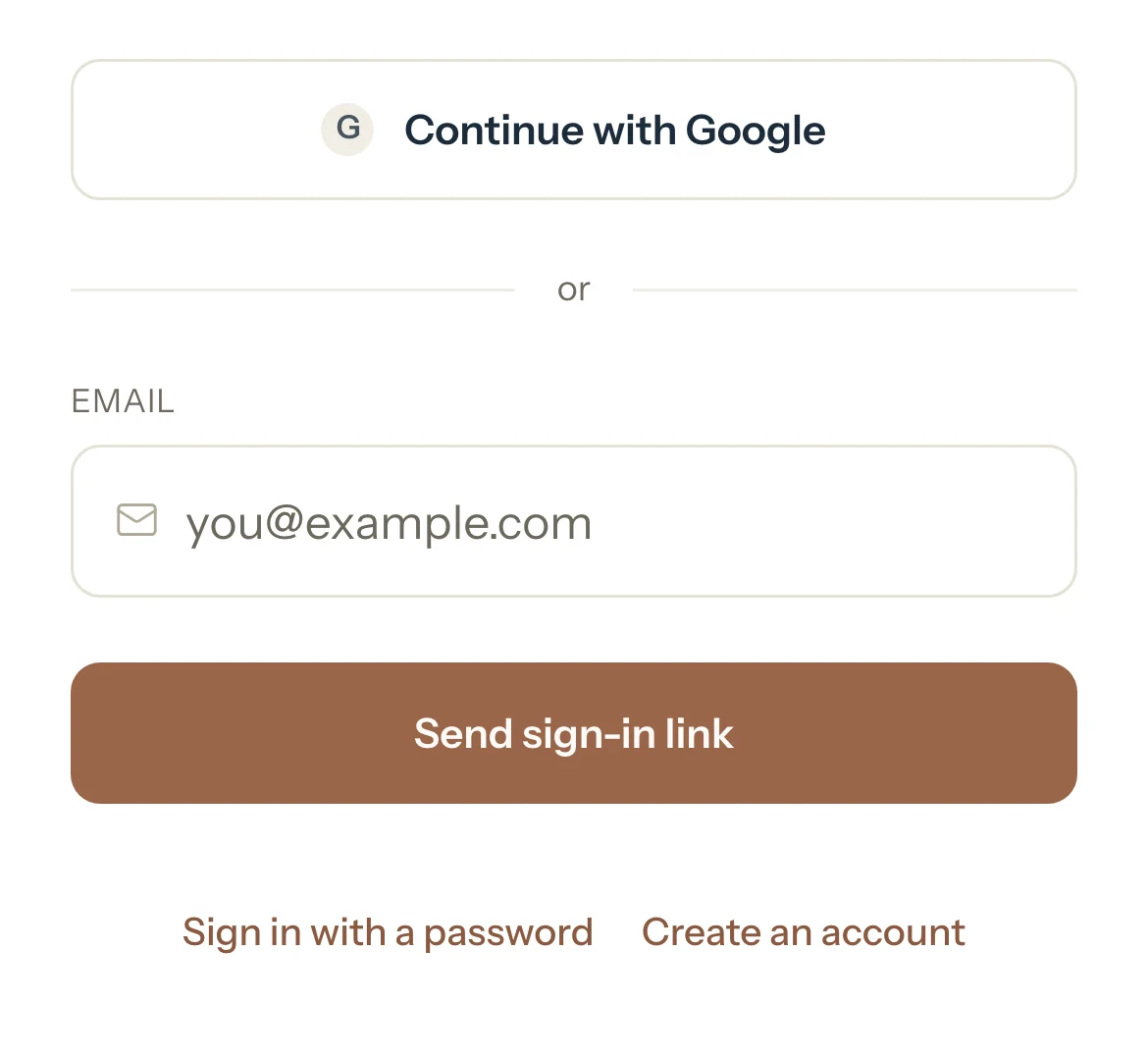 The Tutello sign-in page on a phone: Continue with Google, an email field with Send sign-in link, Sign in with a password and Create an account.