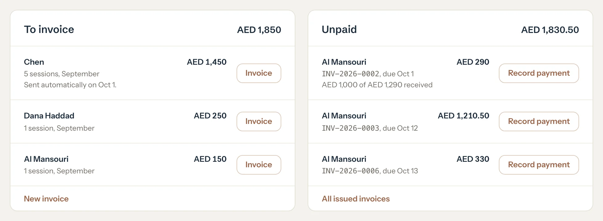 The To invoice list with an Invoice button for each family, beside the Unpaid list with Record payment for each invoice.