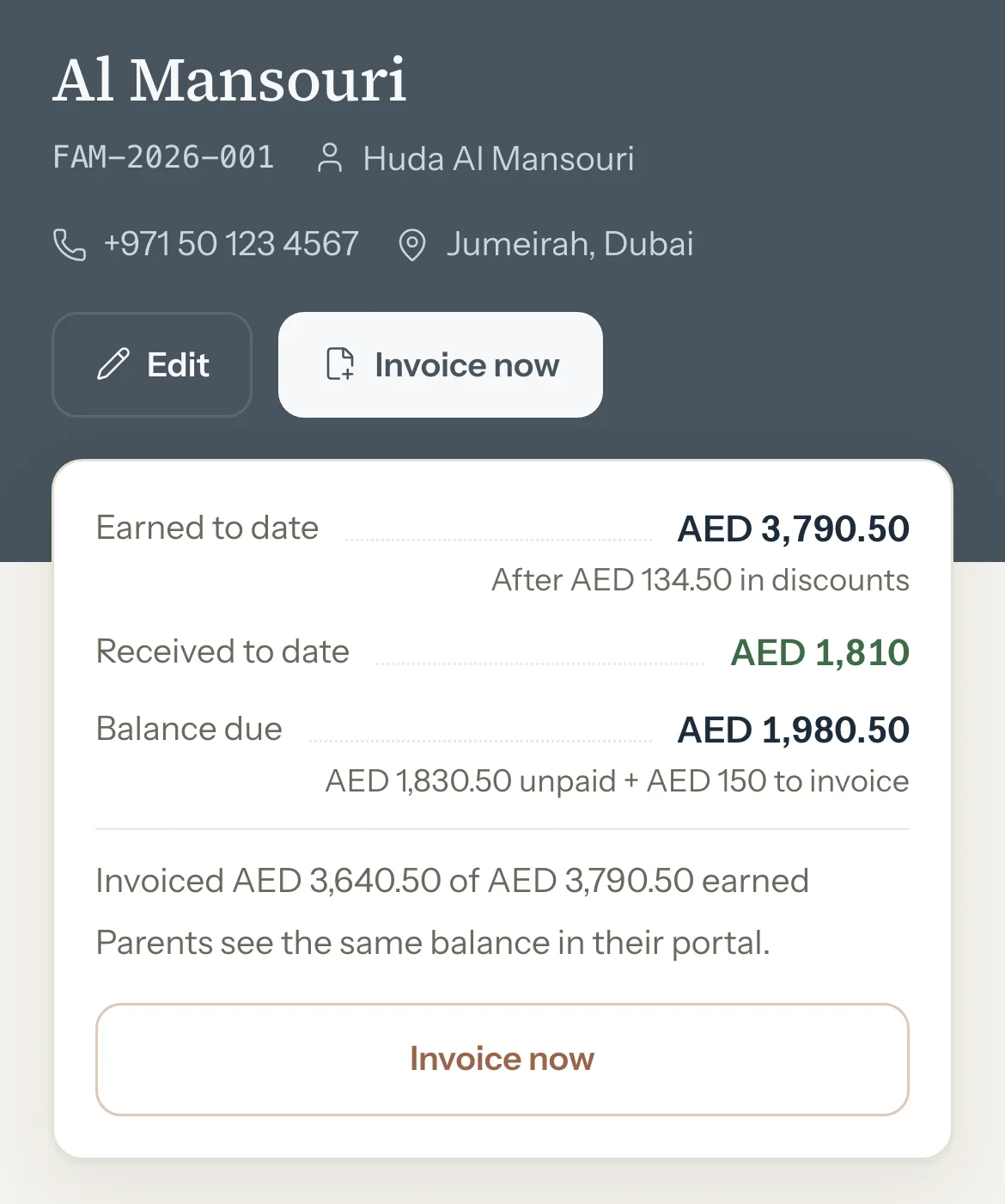 The Al Mansouri family page: Earned to date AED 3,790.50, Received to date AED 1,810 and Balance due AED 1,980.50.