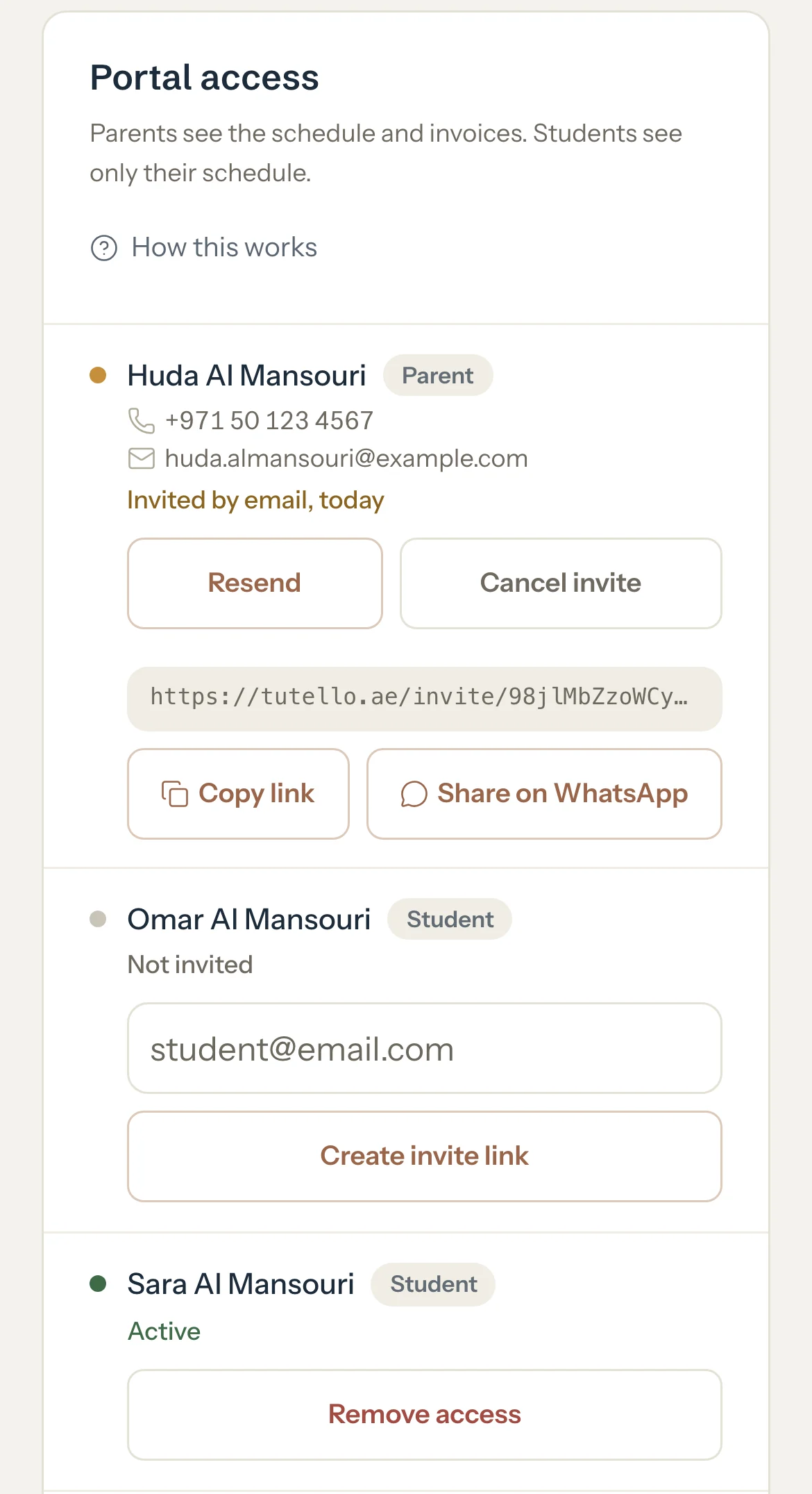 The Portal access card: Huda Al Mansouri invited by email today with her link under the row, Omar not invited, and Sara active.
