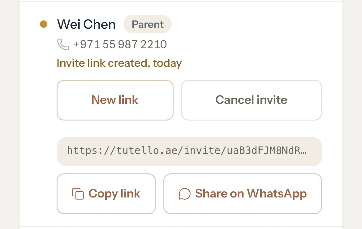 The Portal access card after Create invite link: the new link under the parent's row, with Copy link and Share on WhatsApp.