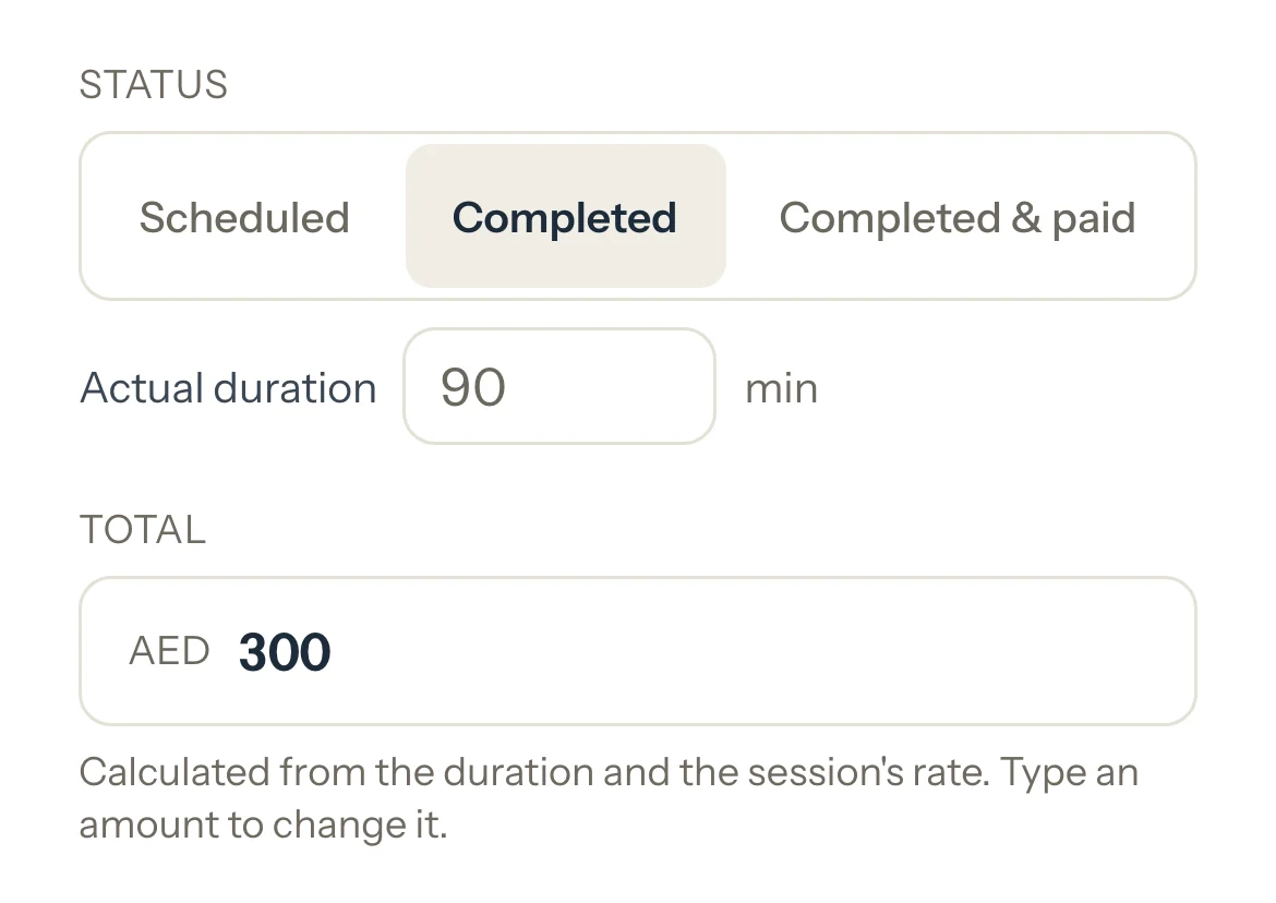 Lucas's session marked Completed, its Actual duration empty showing the booked 90 minutes, and a total of AED 300.