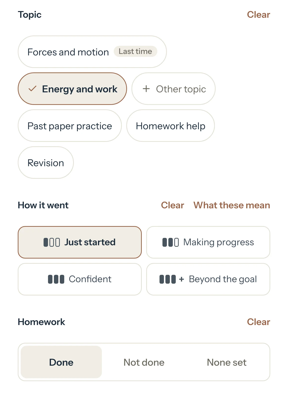 A Detailed student's session: Energy and work tapped, How it went on Just started, and Homework on Done.