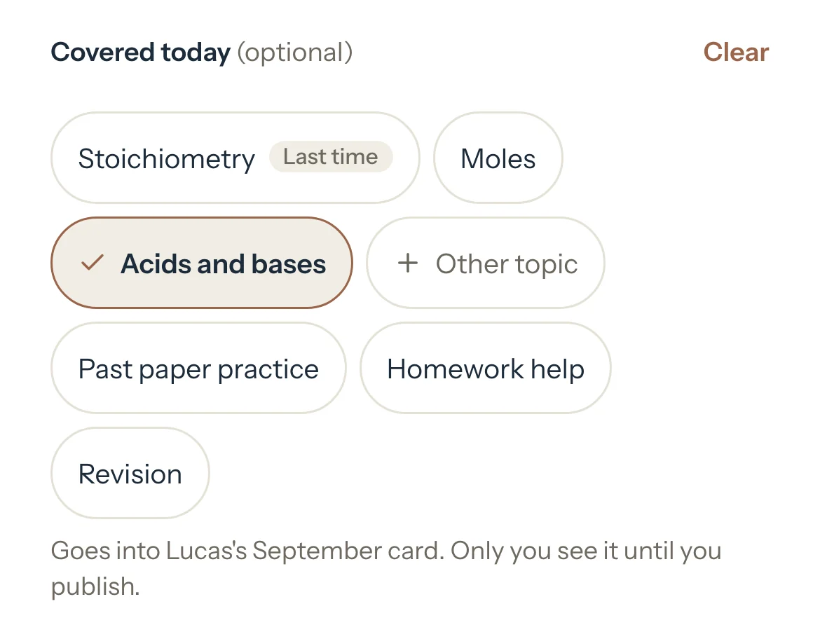 Covered today in a session: Acids and bases ticked, the topic from last time and the next one, and the fixed chips such as Revision.