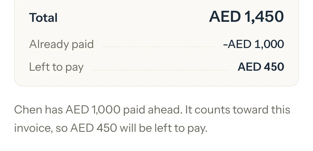 The new invoice's Review showing Already paid and Left to pay under the total, and the sentence about money paid ahead.