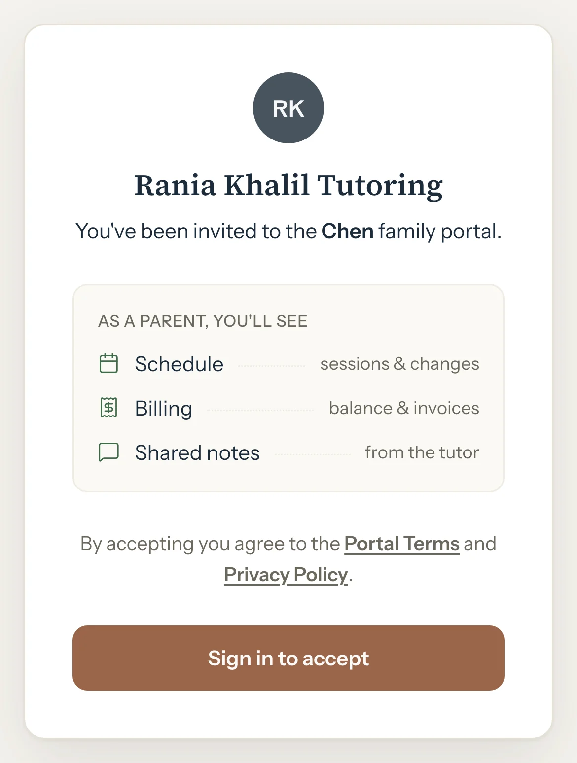 The invite page a parent opens from WhatsApp: the tutor's name, what a parent will see, and Sign in to accept.