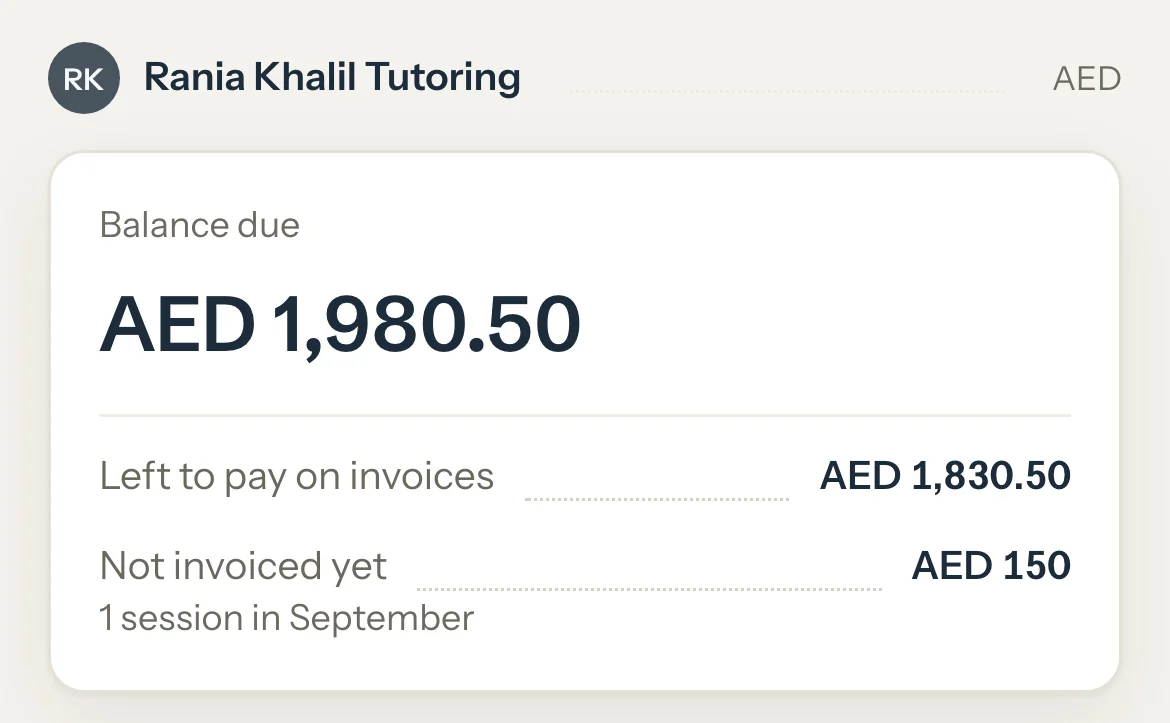 A parent's balance on a phone: Balance due AED 1,980.50, split into Left to pay on invoices and Not invoiced yet.