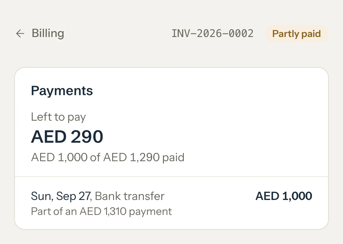 Invoice INV-2026-0002 in a parent's portal, Partly paid, with AED 290 left to pay and the AED 1,000 payment toward it.