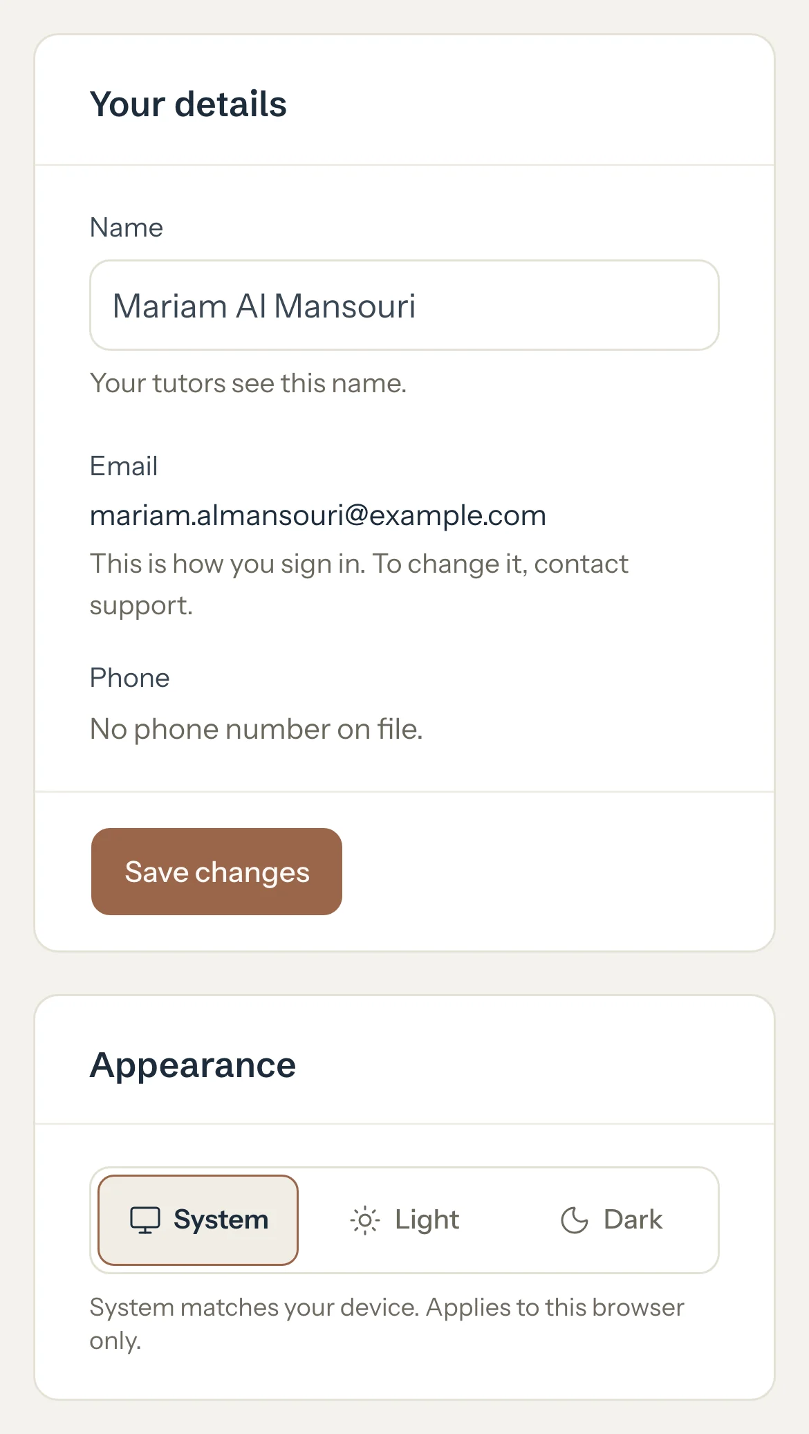 A parent's portal Profile with an editable Name, Email and Phone that only support changes, and the Appearance choice.