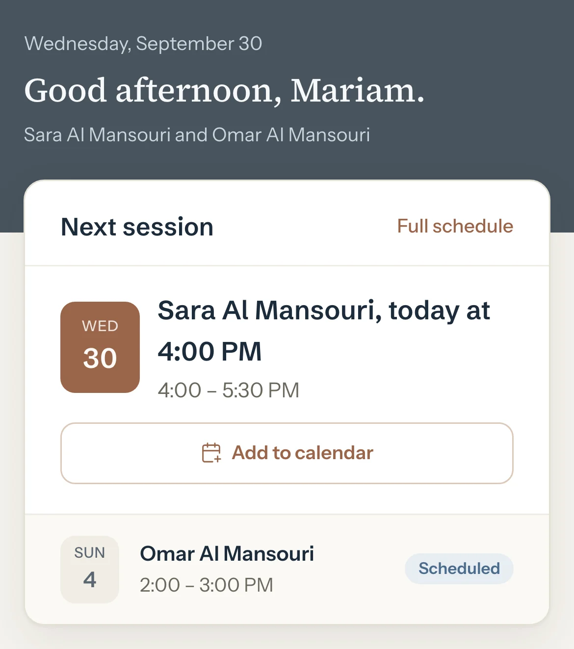 A parent's portal home on a phone: the greeting, then the next session, Sara today at 4:00 PM, with Add to calendar.