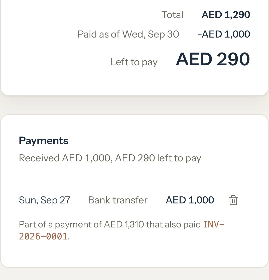 Invoice INV-2026-0002 with AED 1,000 paid and AED 290 left to pay, and the bank transfer of 27 Sep under Payments.
