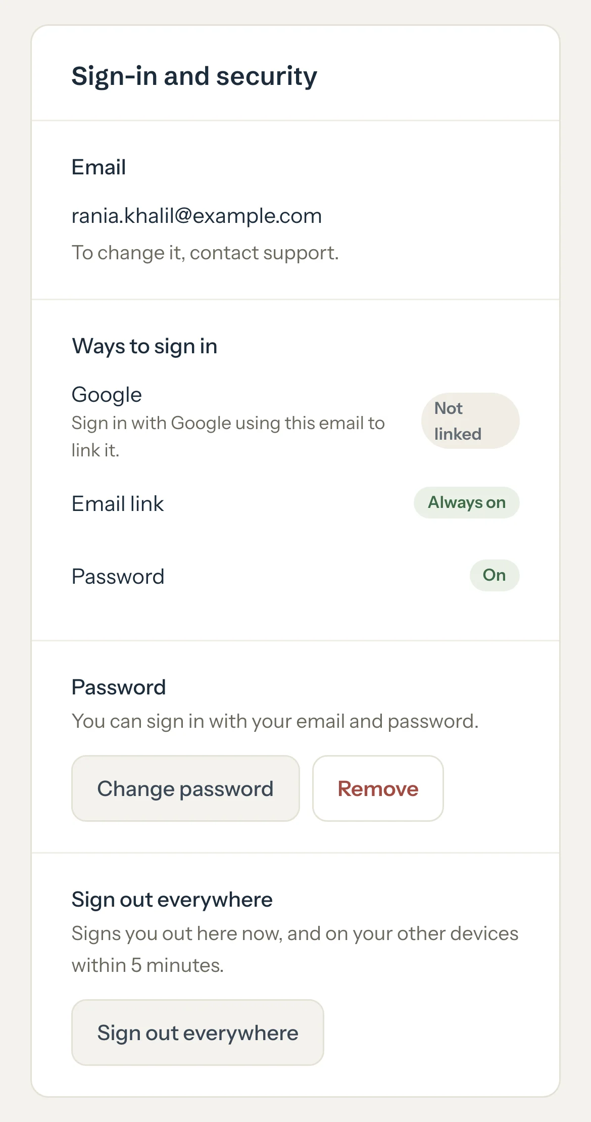 Sign-in and security on a phone: Google, Email link always on, Password on, Change password and Sign out everywhere.