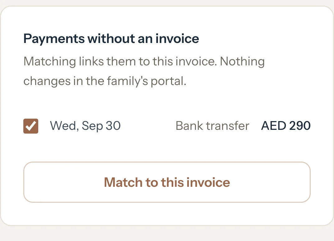 Payments without an invoice on an invoice page, one payment ticked, above the Match to this invoice button.
