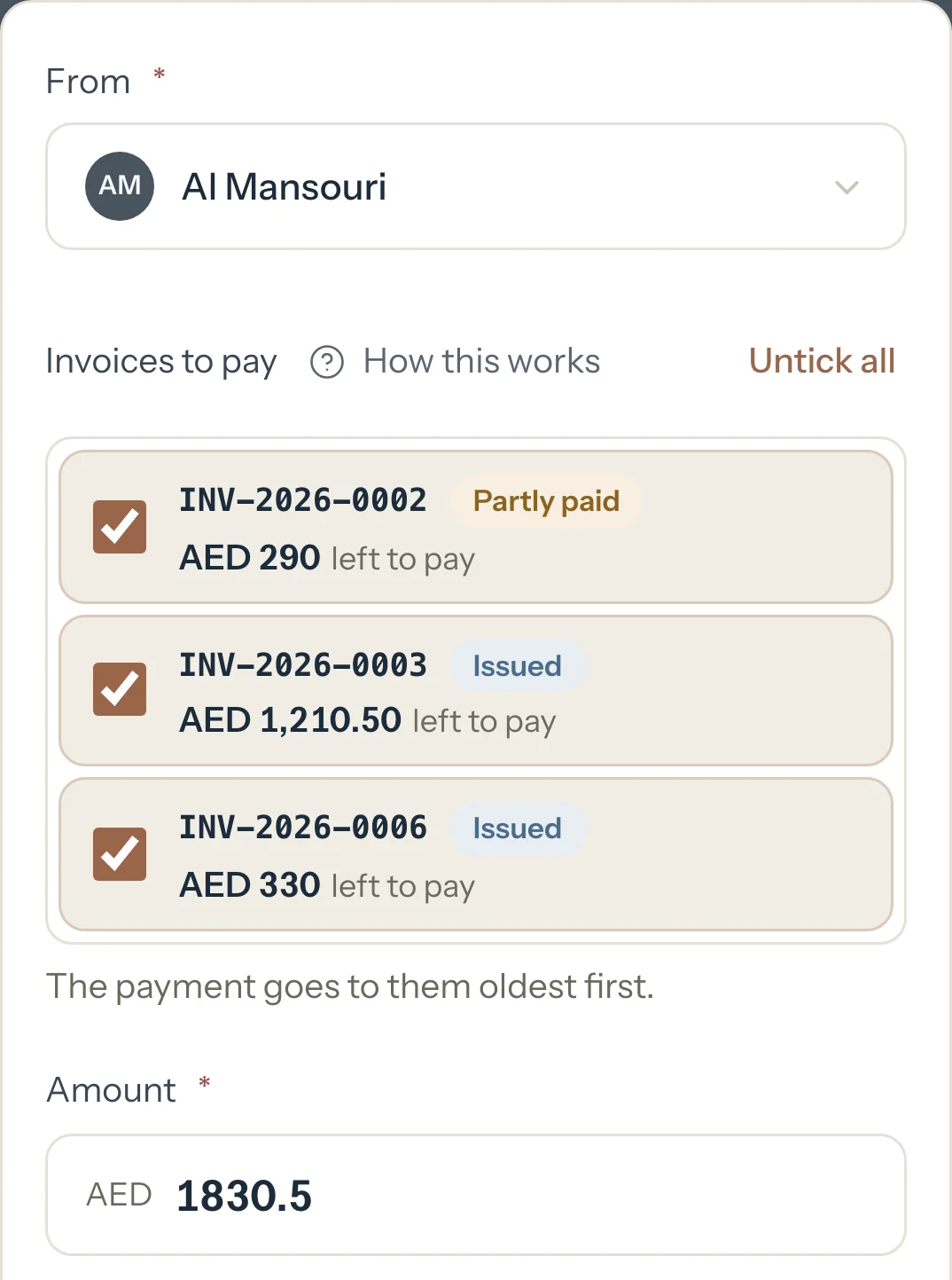 Record payment for the Al Mansouri family, three invoices ticked and the amount filled with what is left on them.