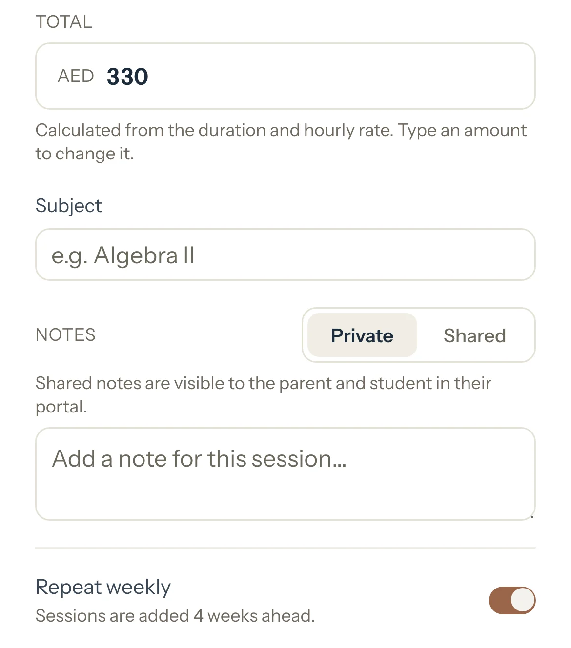 A new session for Sara, AED 330, with Repeat weekly switched on and the line Sessions are added 4 weeks ahead.