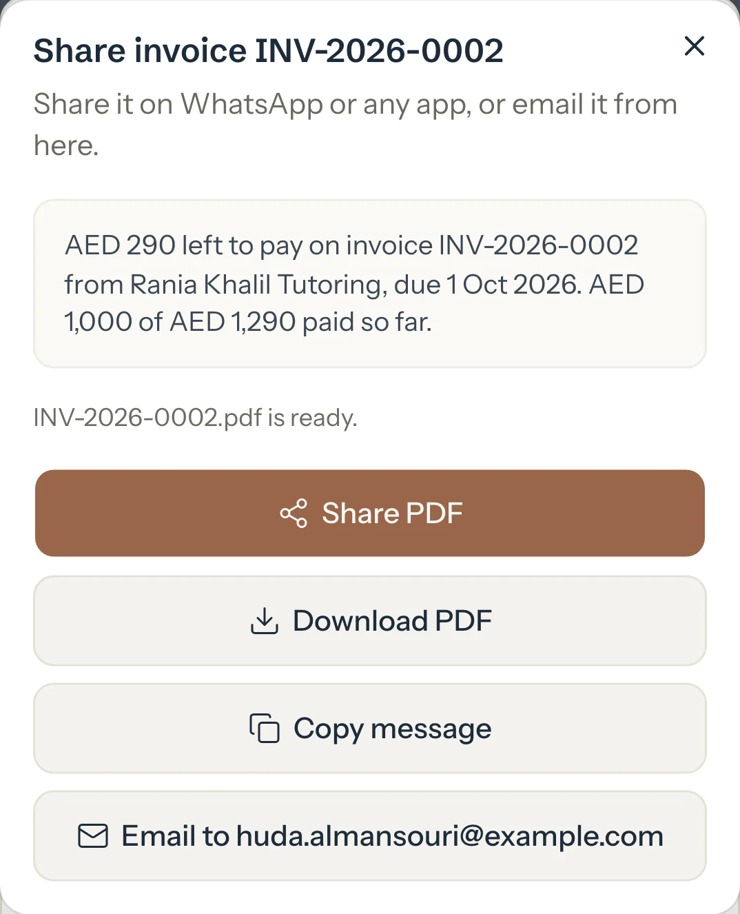 Share invoice INV-2026-0002 with its message, Share PDF, Download PDF, Copy message and Email to Huda's address.