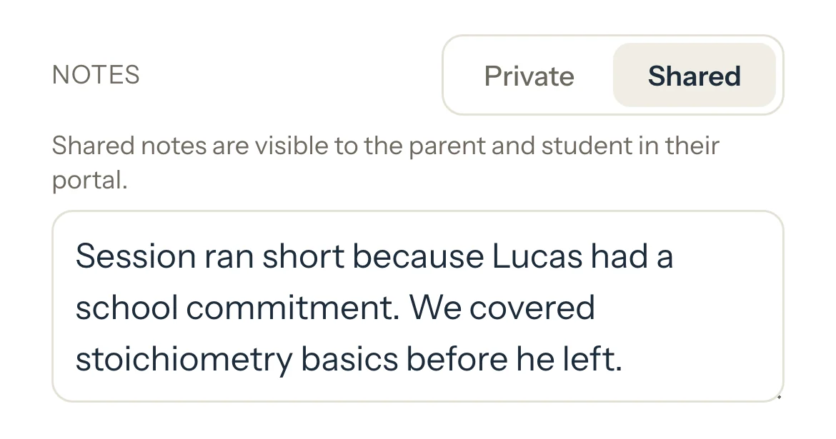 A session note set to Shared, with the line saying shared notes are visible to the parent and student in their portal.