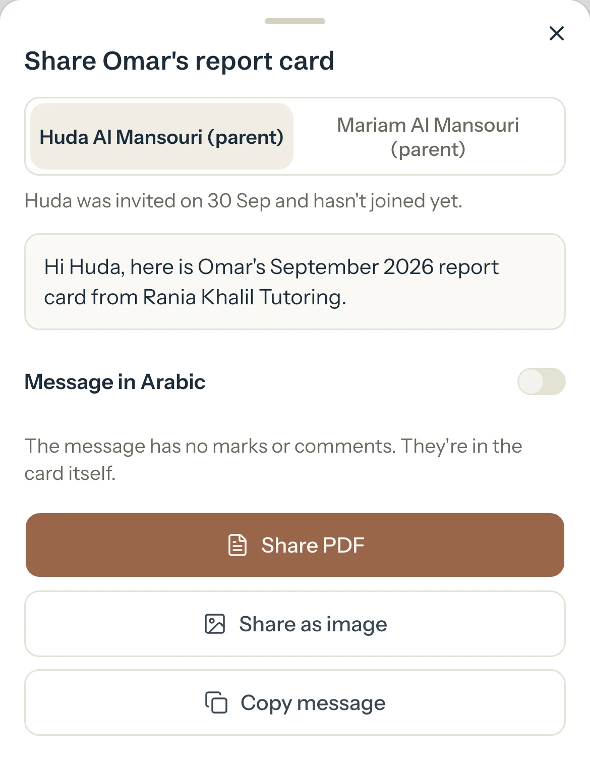 Share Omar's report card on a phone: Huda or Mariam, the message, Message in Arabic, then Share PDF, Share as image and Copy message.
