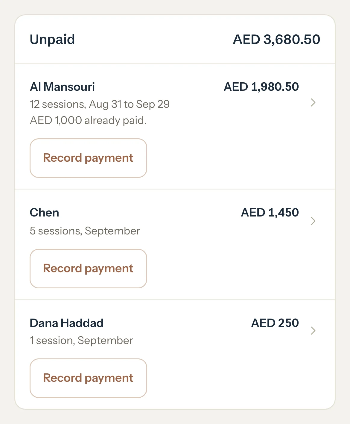 The Simple dashboard's Unpaid list on a phone: one row for each family or student with what they owe and a Record payment button.
