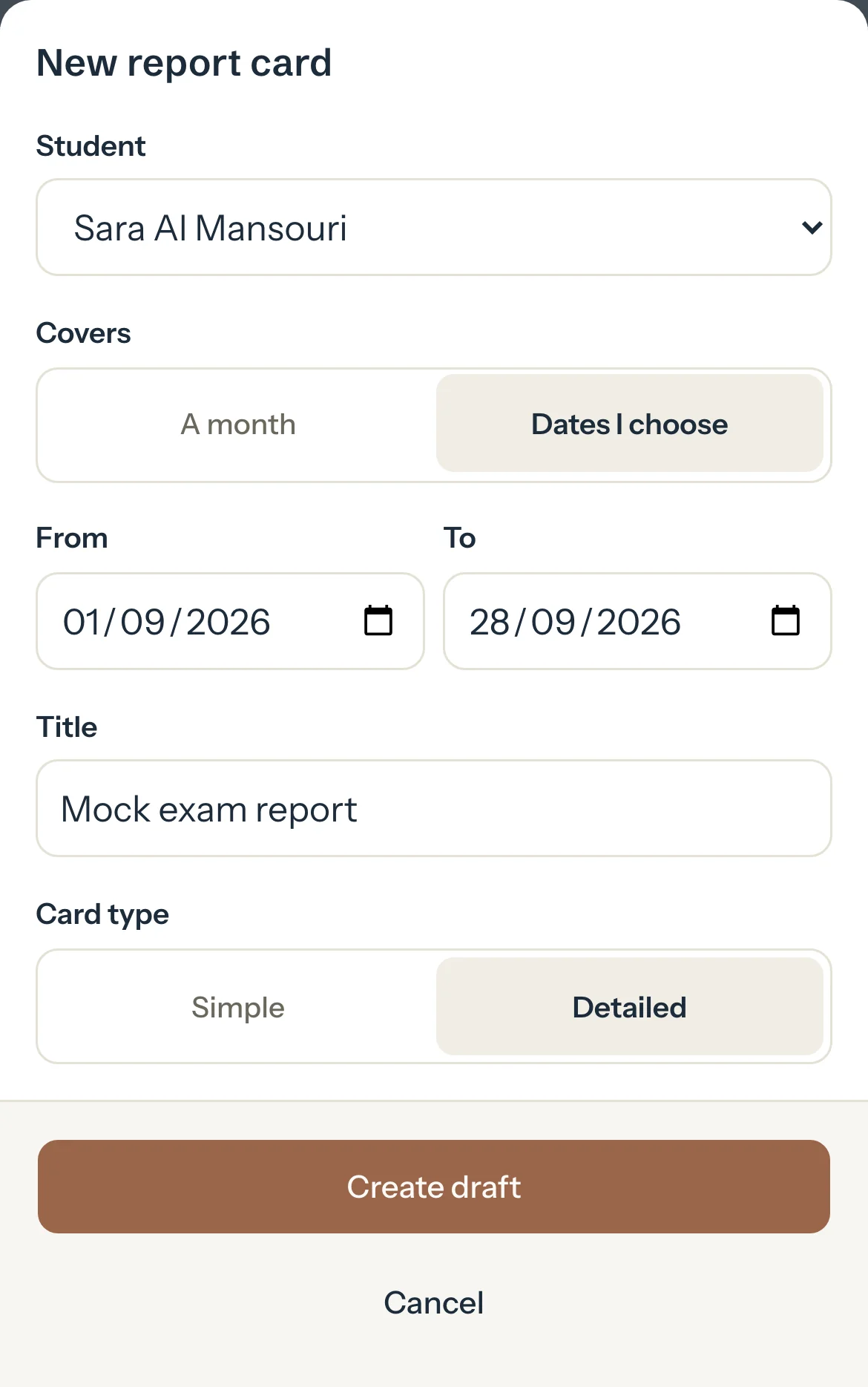 New report card for Sara with Dates I choose, from 1 to 28 September, the title Mock exam report and the Detailed card type.