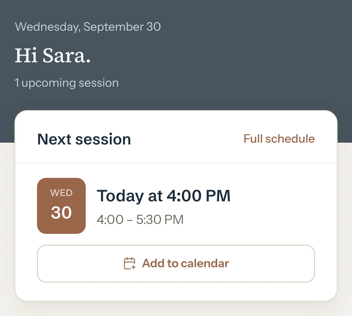 A student's portal home on a phone: Hi Sara, and the next session today at 4:00 PM with Add to calendar.