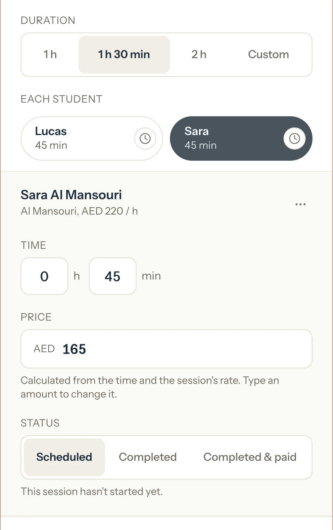 A group session for Lucas and Sara: two pills with each student's time, and Sara's time, price and status under them.