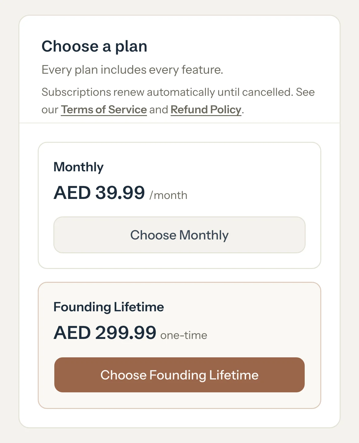 The Billing tab during the trial with two plans, Monthly and Founding Lifetime, each with its Choose button.