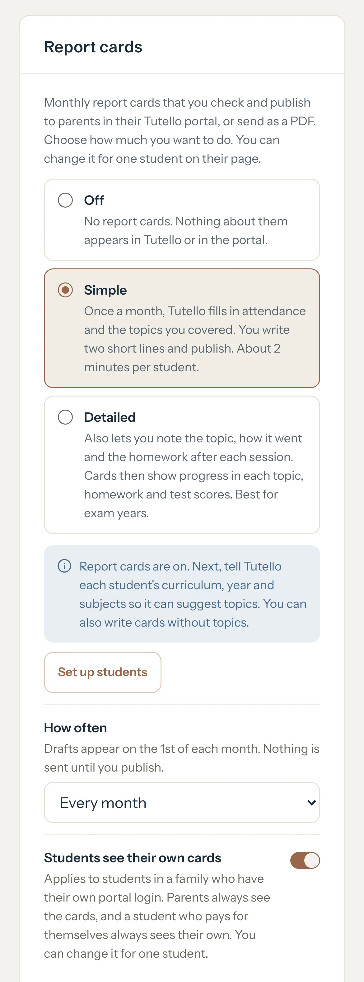 The Report cards card with Simple chosen, Set up students under it, How often on Every month and Students see their own cards switched on.