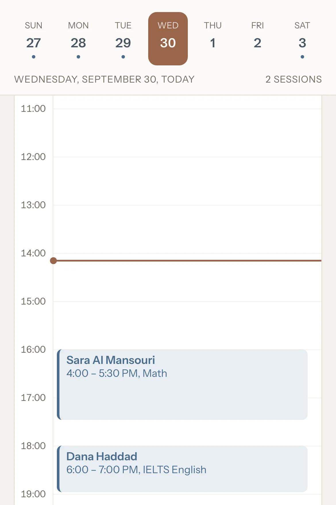 The calendar on a phone: the week's days in a strip, and Wednesday hour by hour with Sara at 4:00 PM and Dana at 6:00 PM.