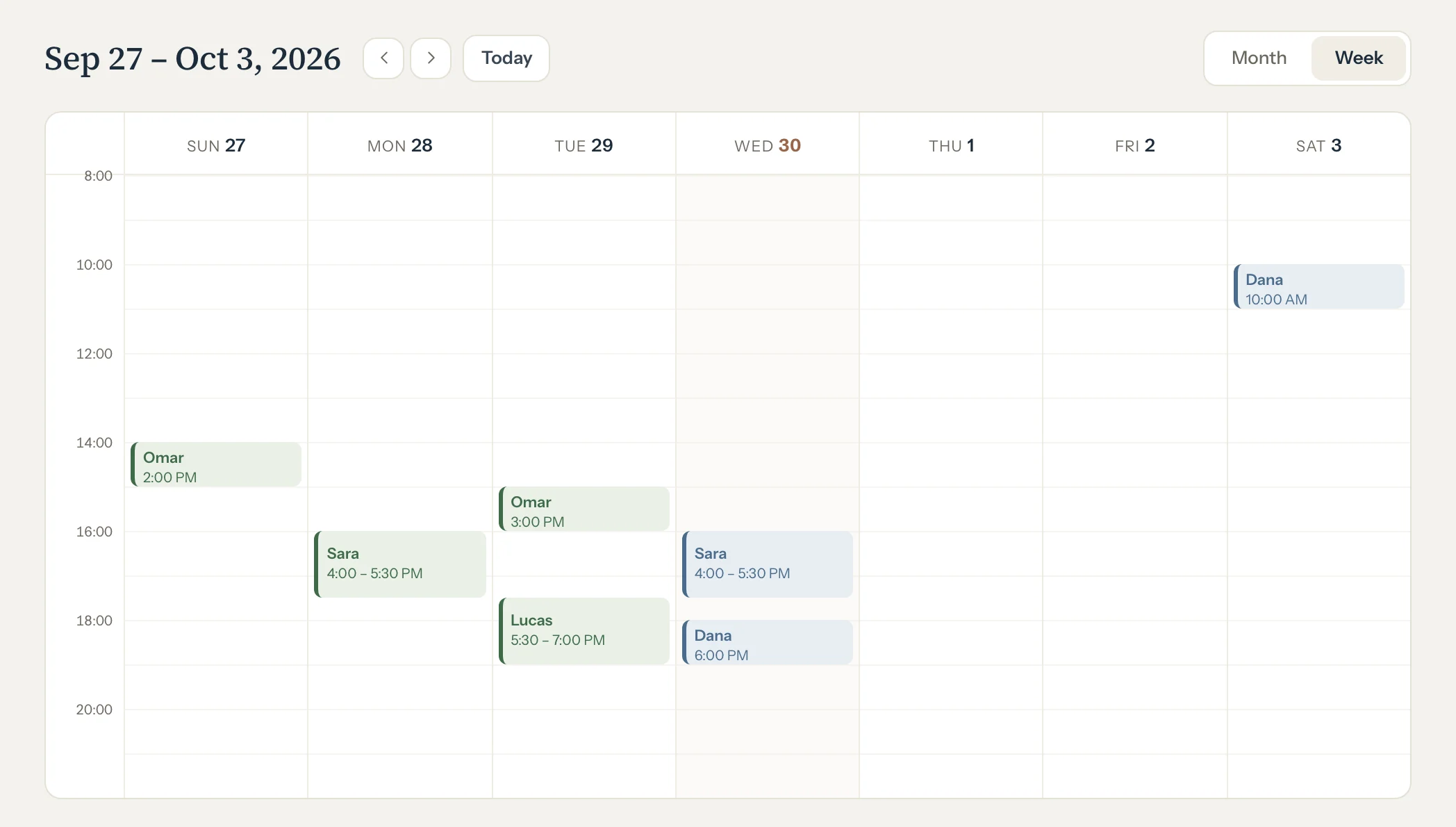 The calendar's week on a computer: past sessions in green as Completed, today's two sessions in blue as Scheduled.