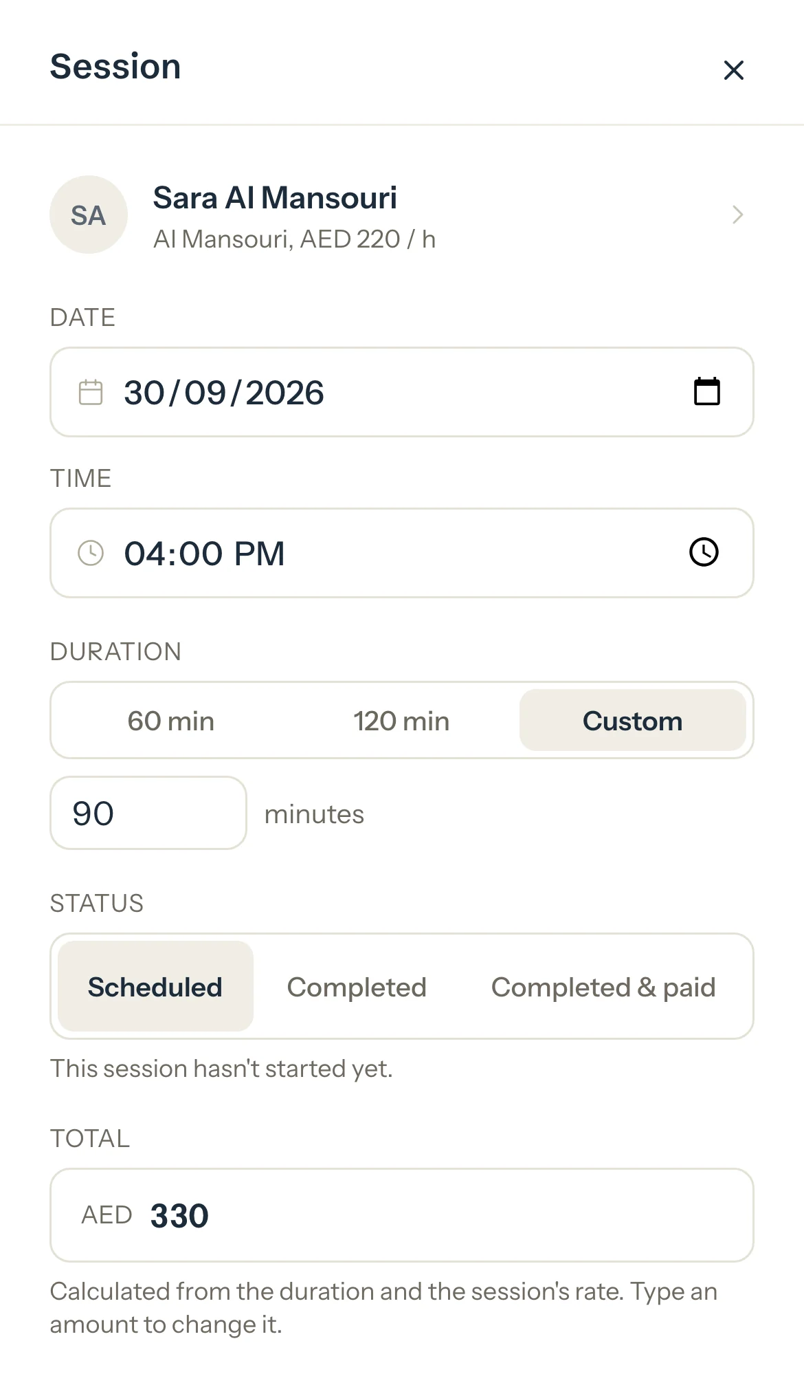 Sara's session opened from Today on a phone, with its date, time, length, status and total.